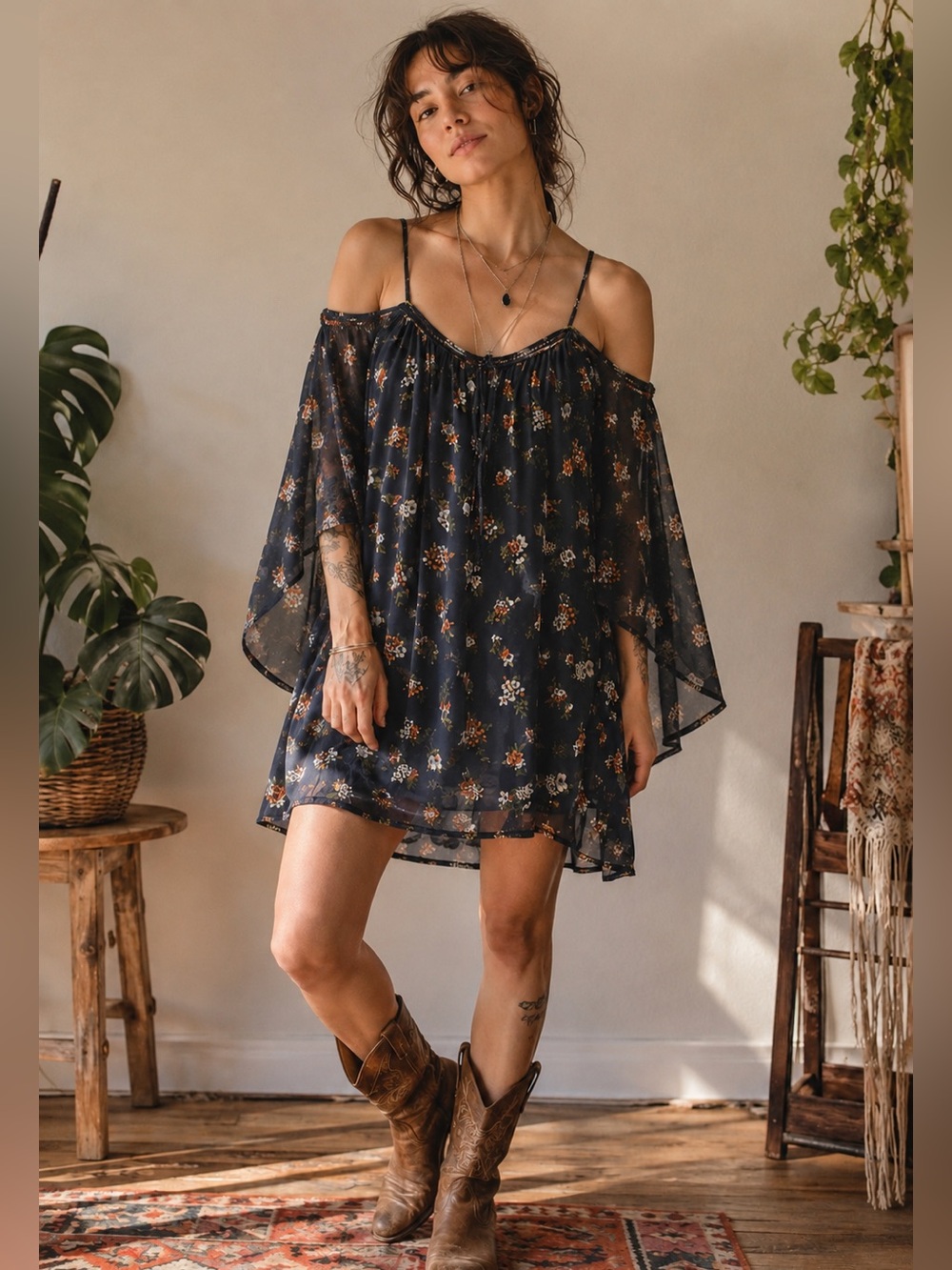 Purple Snow Cottagecore Navy Floral Off-the-Shoulder Mini Dress | Boho Romantic